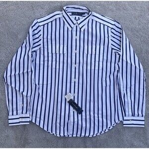 Ralph Lauren Vintage Y2K Men’s Blue White Striped Button Up Shirt Epaulets Large